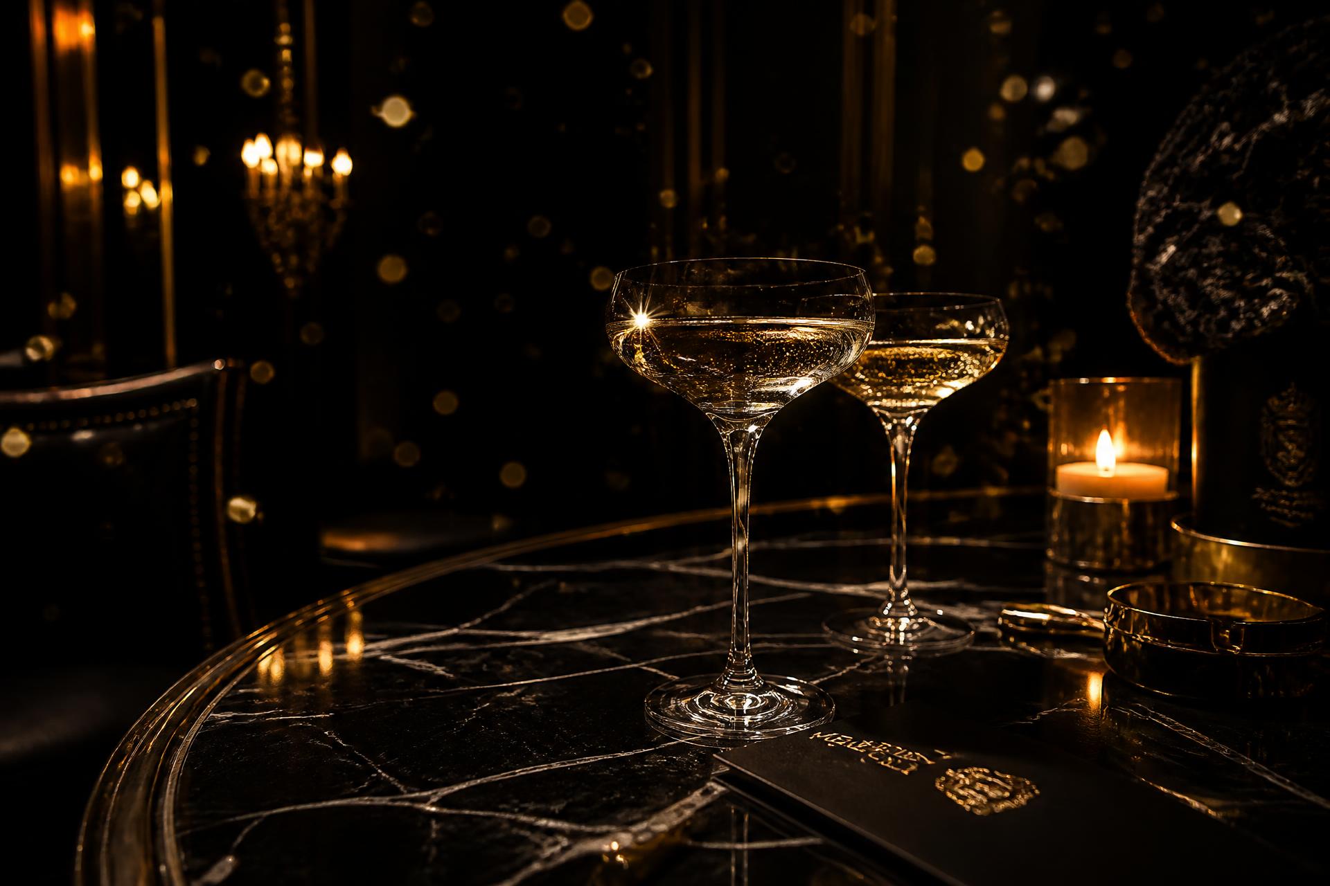 Candlelit black marble table with champagne coupes and golden light